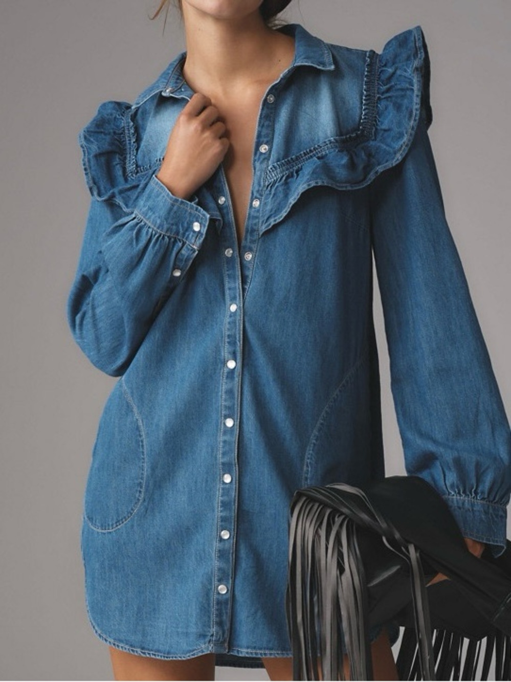 NWT Anthropologie Pilcro Size Large Blue Ruffle Denim Mini Shirt Dress - Picture 2 of 16